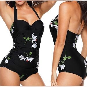 Kissmoda One Piece Swimsuits Retro Vintage Halter Swimwear Black Floral XL